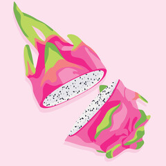 Pitaya cut into two parts. Dragon fruit. Realistic vector image of tropical fruits.