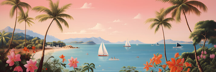 Illustration of boats in a tropical sea in summer with a beautiful horizon