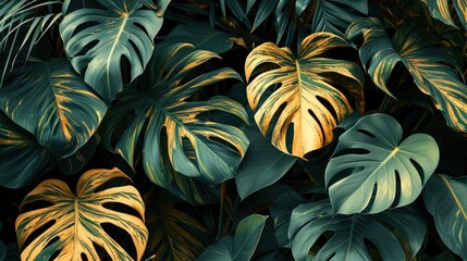 Nature and abstract texture, green gold monstera leaves background, tropical leaves