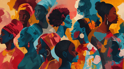 Colorful abstract illustration of a diverse group of people, invoking themes of Black History Month and racial equality. - obrazy, fototapety, plakaty