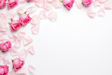 Decorative Web Banner Featuring Close-Up of Blooming Pink Roses, Petals, and Floral Frame Composition – A Graceful Arrangement on a White Table Background, Offering an Alluring Visual Experience