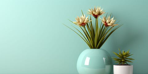 Empty mockup design for product on pastel color the wall with vase flower plant by generative AI illustration.