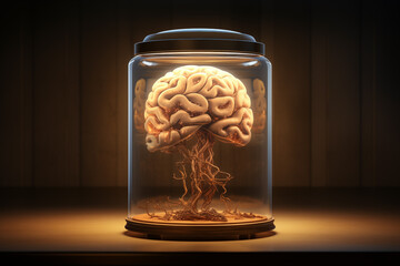An AI Brain Encased in a Jar, Symbolizing Artificial Intelligence and its Intricate, Neural Capacities