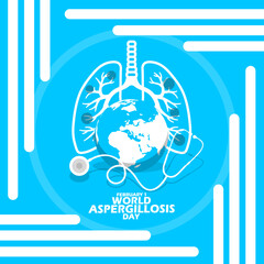 World Aspergillosis Day event banner. Illustration of a lung affected by fungus with an earth icon, stethoscope and bold text on light blue background to commemorate on February 1