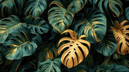 Tropical leaves background, nature and abstract texture, green gold monstera leaves - obrazy, fototapety, plakaty