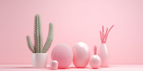 Empty mockup design for product on pink the wall with vase cactus plant by generative AI illustration.