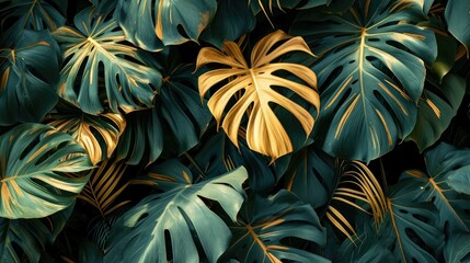 Green gold monstera leaves background, nature and abstract texture, tropical leaves