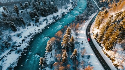 Aerial top view of winter snowy road with red cars over blue river. - obrazy, fototapety, plakaty