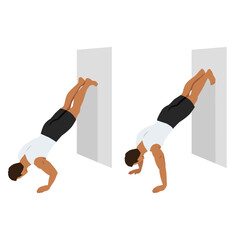 Man doing inverted wall push up exercise. Flat vector illustration isolated on white background