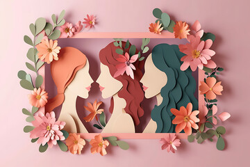 Celebrating International Women's Day on March 8th with Artistic Floral Frames Featuring Diverse Women. Exclusive Women's Day Specials Offer Sale Wording in Isolated Splendor Paper Craft Elegance