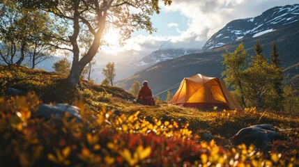 Tuinposter traveling with camping tent gear active family vacations kid hiking © sirisakboakaew