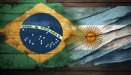 Brazil and Argentina Flag On old dark Wooden Background - obrazy, fototapety, plakaty