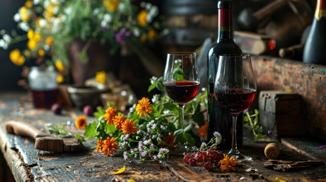 Bottles and wine glasses, beside which were flowers.