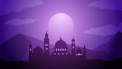 Schilderijen op glas Mosque silhouette in the night with crescent moon. Ramadan landscape design graphic in muslim culture and islam religion. Mosque landscape vector illustration, background or wallpaper © Moleng