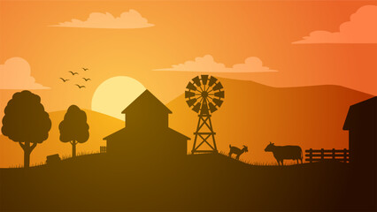Farmland landscape vector illustration. Countryside silhouette with livestock cow and goat. Rural agriculture landscape for illustration, background or wallpaper © Moleng24