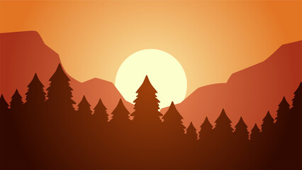Pine forest landscape vector illustration. Silhouette of coniferous forest with sunset sky. Pine forest landscape for background, wallpaper or illustration - obrazy, fototapety, plakaty