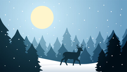 Winter wildlife landscape vector illustration. Silhouette of deer at pine forest in winter night. Cold season wildlife landscape for illustration, background or wallpaper