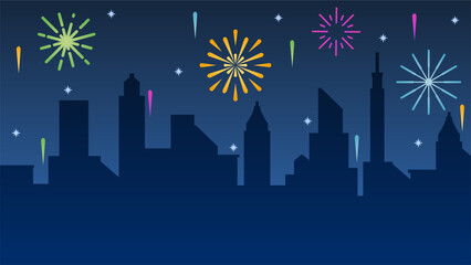 Fototapeta premium New year cityscape vector illustration. City silhouette with colorful sparkling fireworks in new year event. New year landscape for illustration, background or wallpaper. Urban firework festival