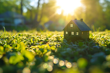 Conceptual Image of an Environmentally Friendly Home and Sustainable Construction. A House Icon Nestled on a Vibrant Green Lawn, Bathed in the Radiant Glow of the Sun - obrazy, fototapety, plakaty