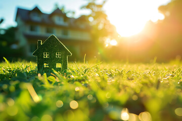 Conceptual Image of an Environmentally Friendly Home and Sustainable Construction. A House Icon Nestled on a Vibrant Green Lawn, Bathed in the Radiant Glow of the Sun - Powered by Adobe