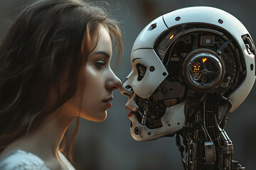 A Woman Confronting Artificial Intelligence, Symbolizing the Struggle and Interaction Between Human Emotion and Technological Advancement Humanity's Challenge