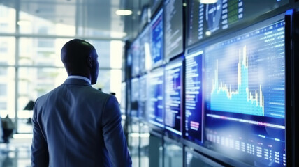 A businessman in a suit watches changes in quotes on monitors, displaying information in real time, analytics with charts and indicators tracking market reactions