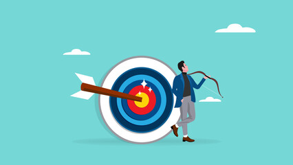 Businessman standing with arrow hitting archery target while carrying his bows illustration. business objective, business achievement or target, motivation to achieve goal. focus on business goal