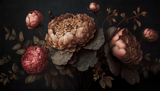 Fototapeta Piwonie, bukiet botaniczny, dekoracja ścienna, generative ai