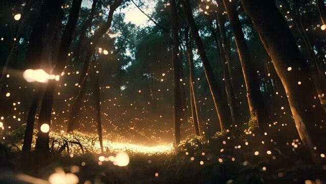 A of glittering fireflies, their tiny bodies flickering in unison and creating a mesmerizing light show in the darkening forest.