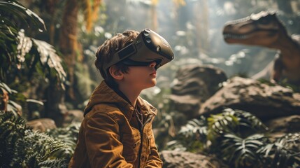Fototapeta na wymiar A boy is amazed by using a virtual reality headset in a prehistoric world about dinosaurs. game technology concept