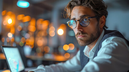 Portrait of a programmer looking thoughtfully at the camera, the idea of processing big data databases and financial analytics and stock market forecasting using artificial intelligence - Powered by Adobe
