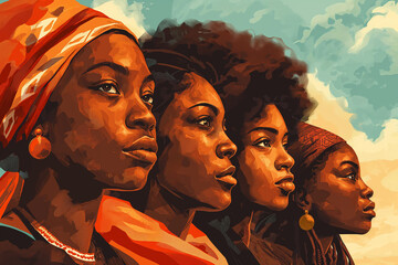 A powerful illustration celebrating Black History Month featuring profiles of women with African heritage amid a warm, textured backdrop. - obrazy, fototapety, plakaty