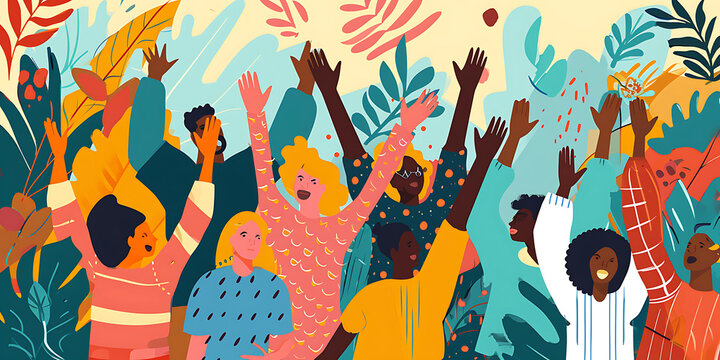 Illustration of a Diverse Group of People Raising Their Hands in the Air – A Colorful Expression of Unity and Advocacy for Human Rights United Voices
