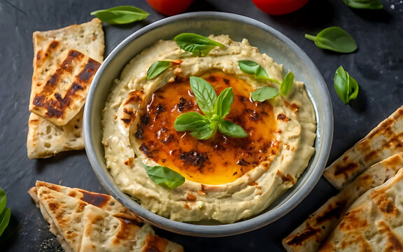 Capture the essence of Baba Ghanoush in a mouthwatering food photography shot