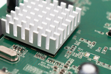 Macro shot of Circuit board with resistors microchips and electronic components background....