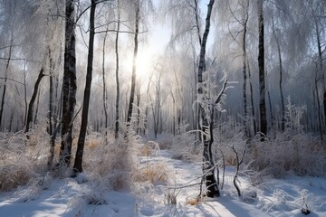 Obraz na płótnie Canvas krasnoyarsk suburb siberia russia grove birch day frosty sky blue clear trees covered snow trees branches shines sun landscape snow forest winter