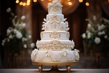 Photo of an elegant and ornate wedding cake with intricate details. Generative AI