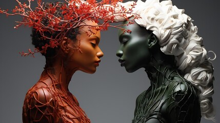 a portrait of two woman, facing eachother, a concept of racism, a tree roots black woman, flowers...