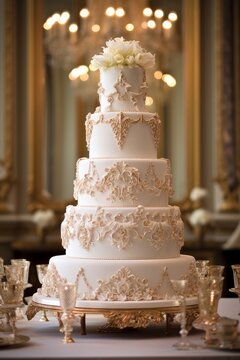 Photo of an elegant and ornate wedding cake with intricate details. Generative AI