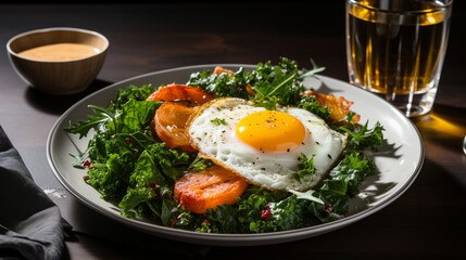 Fried eggs with bacon and fresh vegetables on the plate, soft focus background