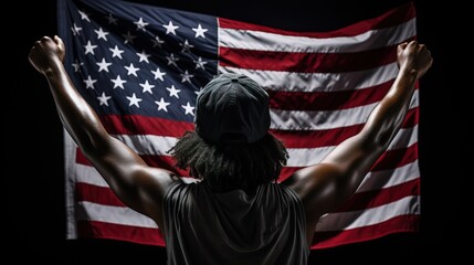 Black person standing with arms out watching US flag. National Freedom Day United States. - AI Generated