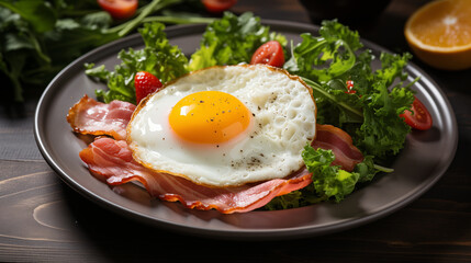 Fried eggs with bacon and fresh vegetables on the plate, soft focus background