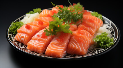 Cooked piece of salmon with fresh vegetables and greenery, soft focus background