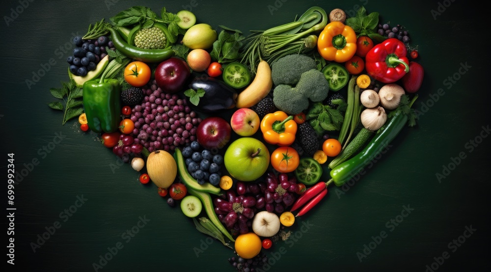 Wall mural Fresh and vibrant heart-shaped assortment of organic vegetables and fruits on a dark background. Generative AI.