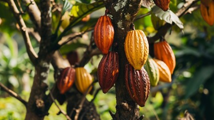 The fruit-bearing cocoa tree. On the trees of the cacao plantation, yellow and green cocoa pods grow