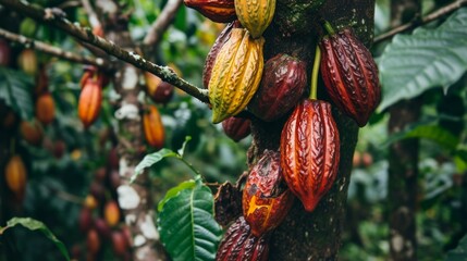 The fruit-bearing cocoa tree. On the trees of the cacao plantation, yellow and green cocoa pods grow