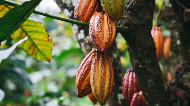 The fruit-bearing cocoa tree. On the trees of the cacao plantation, yellow and green cocoa pods grow