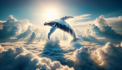 Big whale jumping out of clouds in the sky - obrazy, fototapety, plakaty