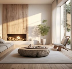 A modern living room with a fireplace and wooden floor. Generative AI.