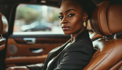 A successful black woman in a business suit exudes confidence and elegance in a luxurious car interior, illustrating wealth and professional achievement. - obrazy, fototapety, plakaty